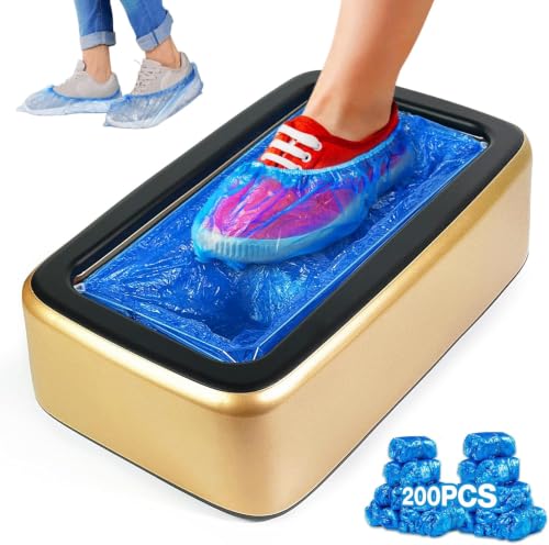 Shoe Cover Dispenser Containing 200pcs Shoe Covers Disposable Non Slip High Quality Automatic Shoe Cover Machine with Disposable Shoe Covers for Indoors for Most Occasion Shoes Size(Gold-black L)