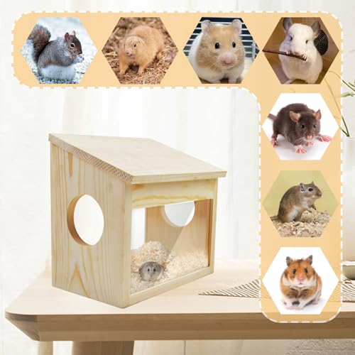Muyg Wooden Hamster House Guinea Pig Natural Hideout Hut Chinchilla Sand Bath Container Transparent Acrylic Hamsters Digging Box Small Animal Habitat Decor For Gerbil Rats Lemmings Hedgehog Squirrel thumb #6