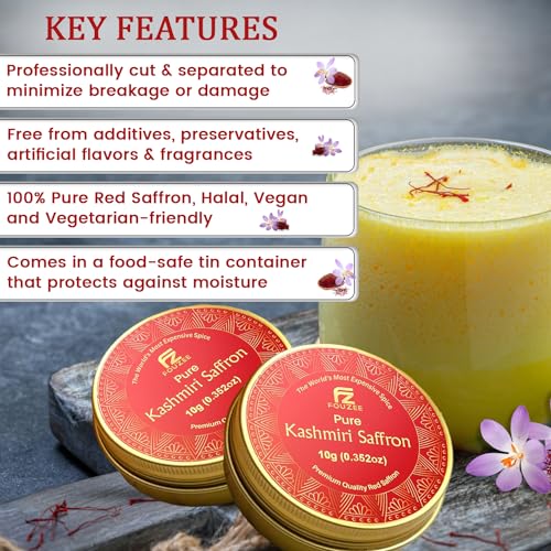 FOUZEE Pure Kashmiri Saffron Threads for Cooking, Spice, Spanish Foods. Finest Dark Red Saffron Delicious with Persian Rice, Tea, Golden Milk, Desserts, Rissoto Bulk Saffron Pack 10g