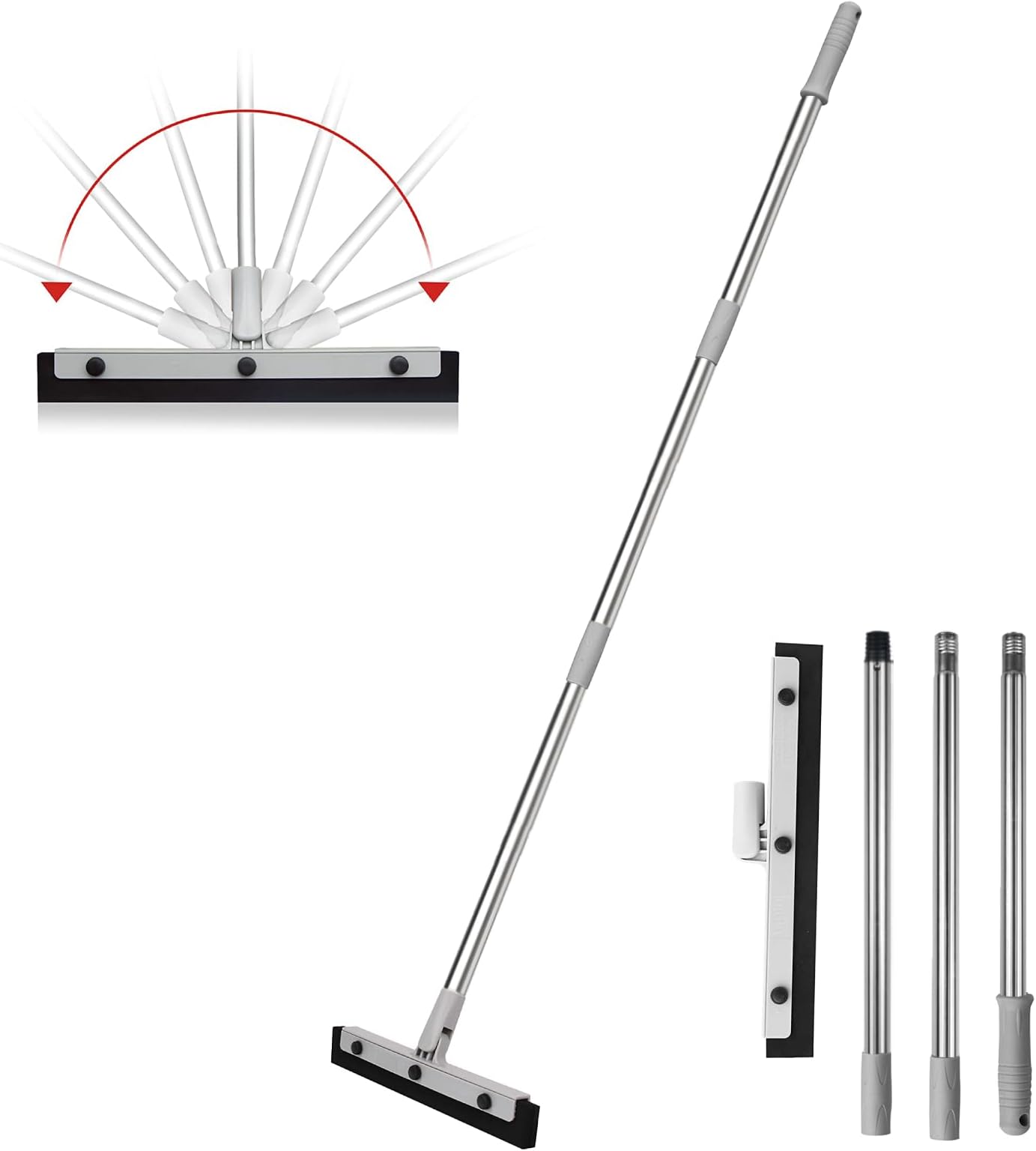 DrDirt Floor Squeegee, 14-Inch Swivel Squeegee Head, Replaceable Foam Rubber Blade, 3-Section Stainless Steel Pole, for Bathroom, Kitchen, Pet Hair, and Carpet