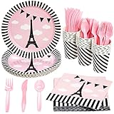 BLUE PANDA 144 Piece Paris Birthday Party Decorations with Plates, Napkins, Cups, and Cutlery, Disposable Tableware Set for Kids Birthday, Girl's Baby Shower (Serves 24 Guests)