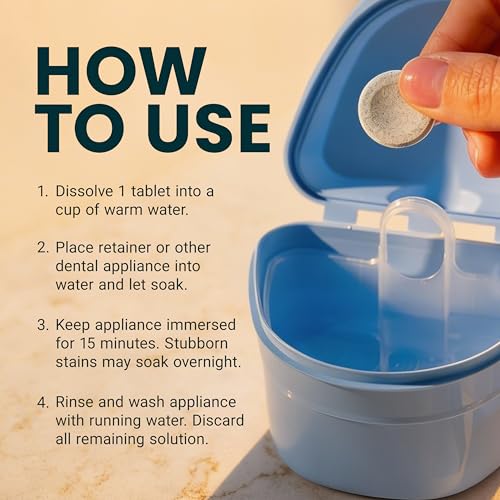 Image of Retainer Cleanser Tablets Cleaner, Removes Odors Discoloration Stains and Plaque 2 Month Supply Denture Cleansers Retainers Mouth Guards Denture Bath Mint by M3