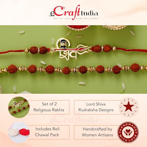 Image of eCraftIndia Set of 2 Peacock Feather Floral Designer Rakhi for Brother Bhaiya Bhai Boys Kids | Roli Chawal Pack
