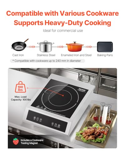 Image of VEVOR Induction Cooktop, 3500W Commercial Induction Burner with 11-Level Temperature, Stainless Steel Countertop Induction Hot Plate with 3H Timer, Child Lock for Restaurant (6-15P Plug, 6-20R Outlet)