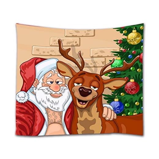A.Monamour Tapisserie Murale Noël Dessin Animé Père Noël Renne Vacances Décor Brique Mur Fond Image Imprimer Tissu Tapisserie Murale Décor Mur Tentures Murales Rideau pour Chambre Salon 130x153cm