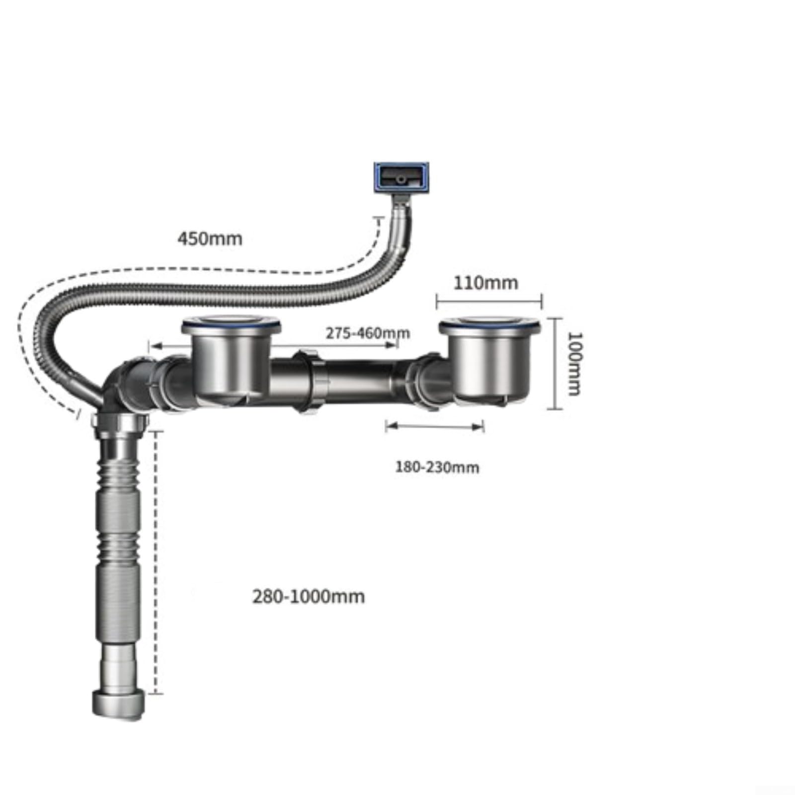 Kit de tubo de drenaje para fregadero de cocina con tapón de empuje, longitud ajustable de 280-1000 mm, válvula antiolor para fregaderos de doble tazón, acero inoxidable y plata PP (304)
