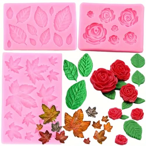 Image of 3 Pack Rose Leaf Silicone Candy Molds Mini Flower Fondant Chocolate Leaves Moulds for Candle Making Baking Sugarcraft Cake Decoration Cupcake Topper Clay Crafting Projects Soap Wax melt