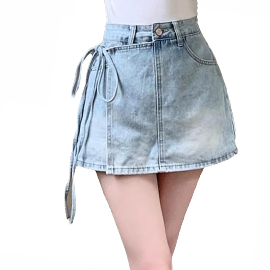 Gonna corta da donna in denim con lacci in tinta unita casual versatili gonne a vita svasata