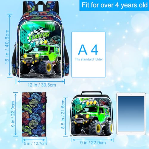 Image of AGSDON 3PCS Truck Backpack for Boys, 16 inch Little Kids Preschool Bookbag, Elementary Backpacks and Lunch Box - Green