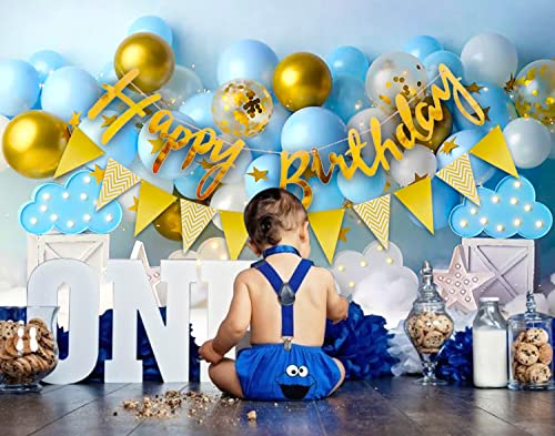 Image of Party Propz Latex,Cardstock Blue Birthday Decoration Items,Pack of 51 Kit with Pastel Blue & Golden Balloons,Balloon Arch Strip,Happy Birthday Banner,Birthday Decorations for Boys