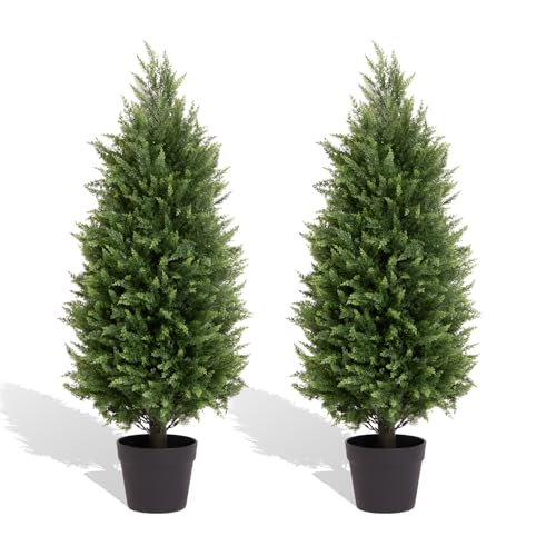 3ft Artificial Cedar Topiary Trees Set of 2 – UV Resistant Outdoor Faux Plants, Fake Evergreen Bushes & Shrubs for Porch Patio Front Door Outside Planter Decor Cedar Pine 3 feet