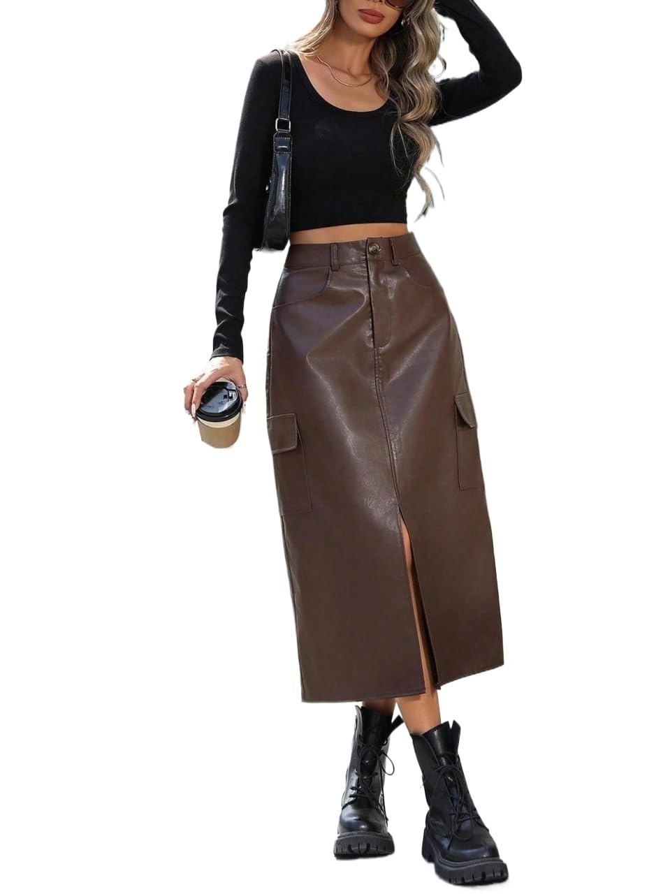 Casual Sexy Elegant A-Line PU Mid-Length Skirt Womens Basic Versatile Trendy Skirt