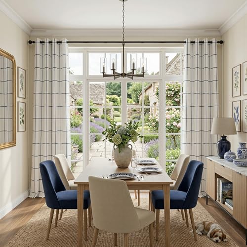 Image of MYSKY HOME 100% Blackout Plaid Farmhouse Linen Curtains 54 Inch Length 2 Panels - Double Layer Checkered Windowpane Pattern Thermal Insulated Privacy Protection for Home, 52 inch W Each Panel, Navy Blue