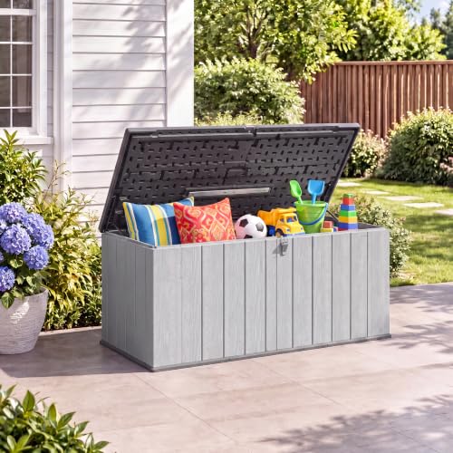 Image of Aoxun Garden Storage Box,600L Waterproof Resin Deck Box Bench with Lockable Lid & Handles,Outdoor Storage Box for Cushion Tool Toy and Pool Accessories(Grey)