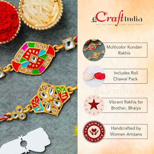 Image of eCraftIndia Set of 2 Multicolor Kundan Rakhis | Best Bro Ever Fridge Magnet | Roli Chawal Pack | Designer Rakhi for Brother Bhaiya Bhai Bhabhi Kids