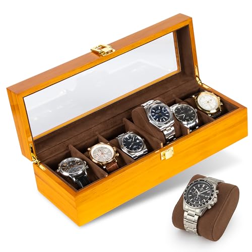 NOVARIUM Premium Uhrenbox aus massivem Holz mit Echtglas Edle Uhrenaufbewahrung für Uhren & Schmuck mit flexiblen Trennwänden