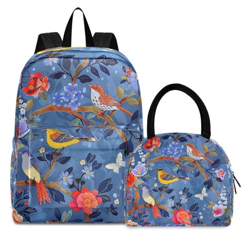 Sac à dos d'école pour enfants et boîte à déjeuner isotherme motif oiseaux