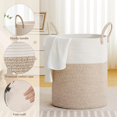 Image of 88L Large Tall Cotton Rope Laundry Basket with Handles, Brown