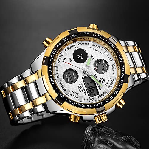 Tamlee Luxury Full Steel Analog Digital Watches for Men Led Male Outdoor Sport Military Wristwatch (Silver Gold White)