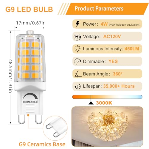 Image of Dimmable G9 LED Bulb 4W Eqv 40 Watt 3000K Warm White 12 Pack | T4 G9 Bi-pin Base Halogen Replacement G9 Socket Light Bulb for Chandelier Wall Sconce No Flicker 120V 450LM