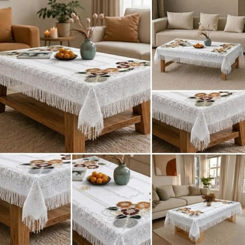 Image of Cotton Net Embroidered Center & Dining Table Cover for 4 Seater | Rectangular 40x60 Inch | Lightweight & Washable Table Cloth | Pack of 1 (White)