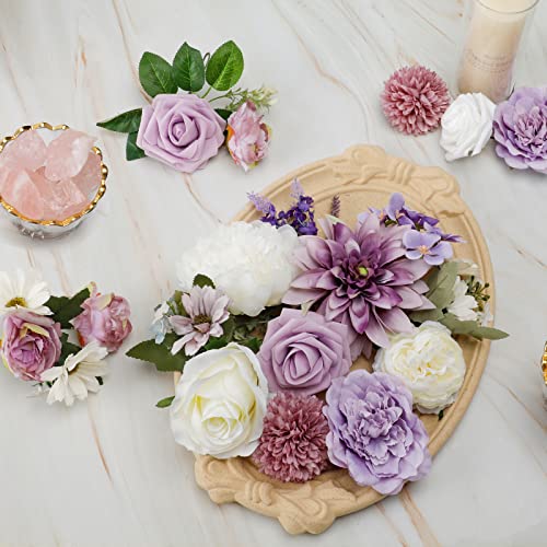 Cocoboo Artificial Purple Flowers Combo For Diy Wedding Bridal Bouquet Fake Silk Flowers Heads For Centerpieces Arrangements (Purple&White) #TOP4
