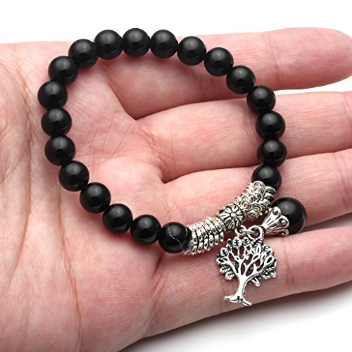 Top Plaza Stretch Black Agate Tree Of Life Lucky Stone Bracelet Reiki Healing Crystal Gemstone Dangle Charms Pendant Birthstone Bracelet(6.2") #TOP3