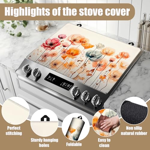 Image of Colorful Poppy Floral Stove Top Covers for Electric Stove, Electric Gas Stove Pad Heat Resistant Range Cooktop Protector for Home Decor Kitchen 28 inchx20 inch