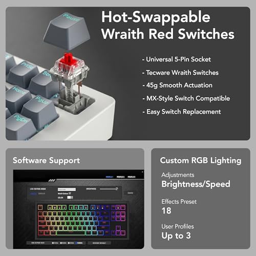 Image of TECWARE Phantom+ Elite 87 Key RGB Mechanical Gaming Keyboard | 3 Mode Wireless Bluetooth 5.0 2.4GHz & USB C Wired | Hot Swappable 5 Pin | Double Shot PBT Keycaps | Wraith Red Switch - White