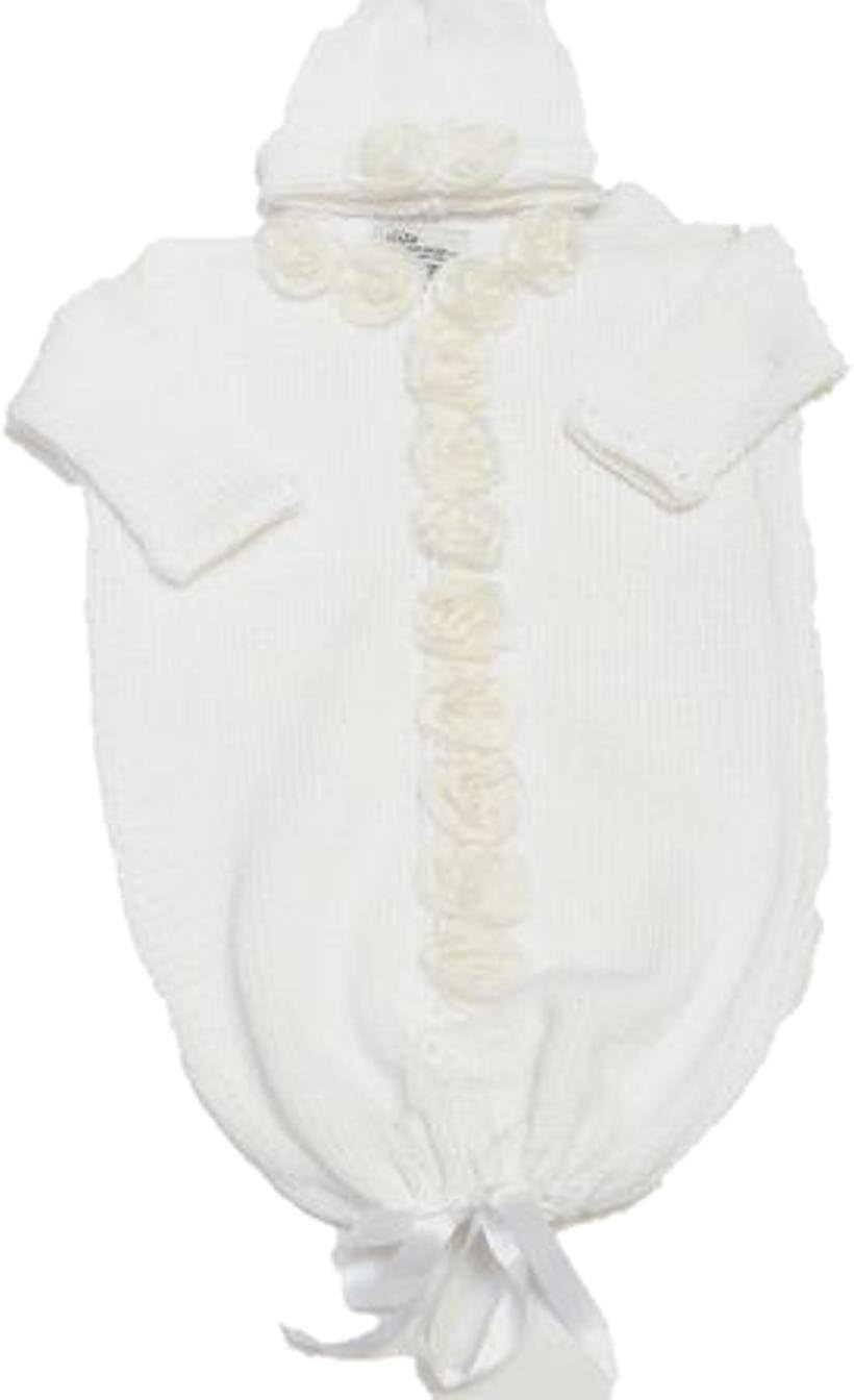 Knitted Crochet Finished White Cotton Baby Bunting Hat Set with Chiffon Roses