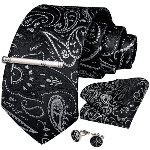 Image of DiBanGu Paisley Ties for Men Silk Necktie and Pocket Square Cufflinks Tie Clip Set Woven Classic Mens Tie for Wedding Party