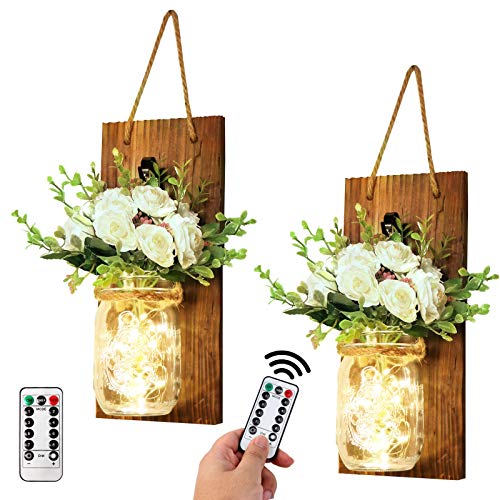 Aerwo 2Pcs Mason Jar Sconces Wall Decor, Handmade Rustic Wall Sconces With Led Fairy Lights And Flowers, Hanging Mason Jar For Farmhouse Kitchen Decorations Wall Decor #TOP7