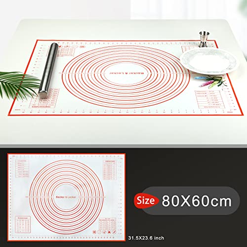 Bäcker & Lecker Silikonmatte Backmatte Groß 80 x 60CM Antihafte Rutschfeste Backunterlage Teigmatte mit Messung für Fondant Gebäck Pizza, BPA Frei (Orange)