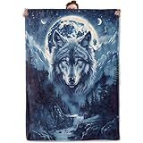 TRYYN Majestic Wolf Moonlit Night Throw Blanket for Couch Outdoor Camping Bedroom Decor, Mystical Mountain Wildlife, Super Soft Cozy Warm Fluffy Fleece Blankets Gifts for Kids Adults, 60x50 Inch