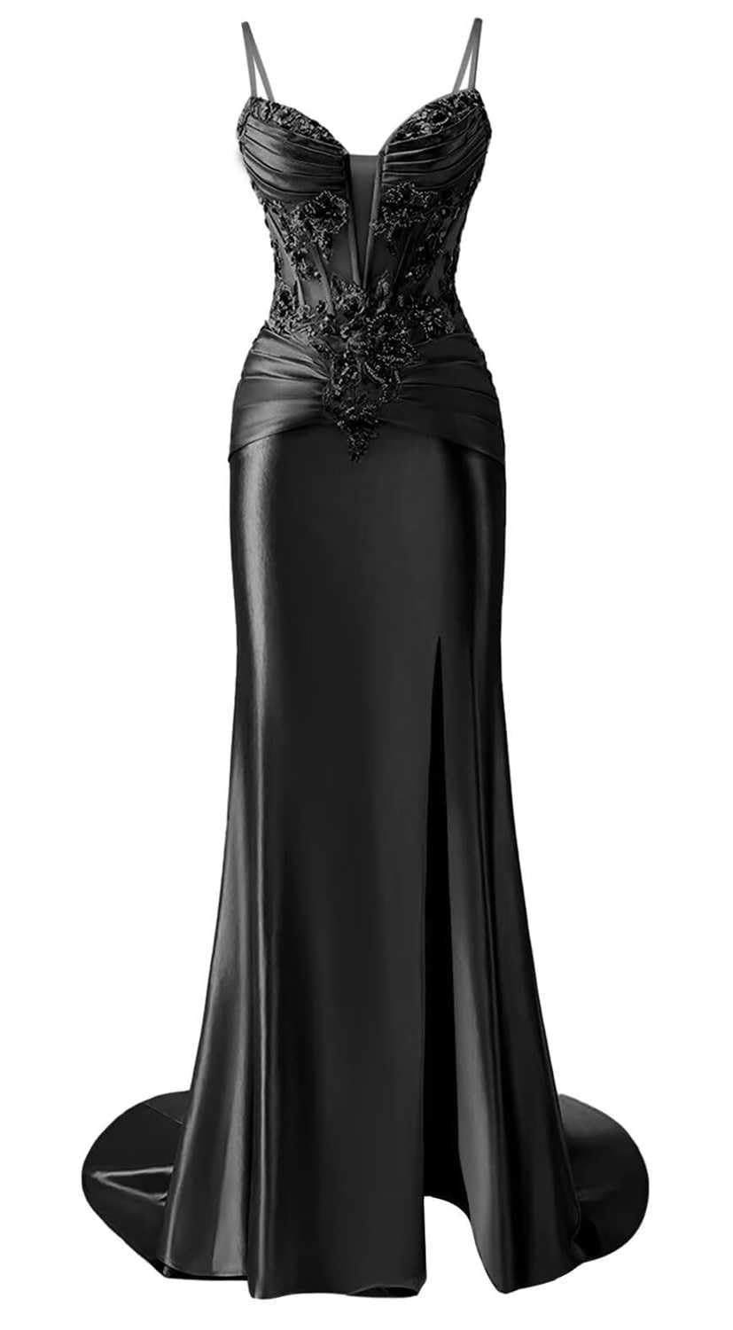 Kiyne Women's Black Mermaid Satin Prom Dresses With Slit For Sleeveless Spaghetti Strap Homecoming Dress Formal Party Gown Uk10