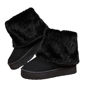 Faithgee Womens Snow Boots Fluffy Faux Lined Short Winter Platform Shoes for Warmth Roll Down Fold Over Stylish