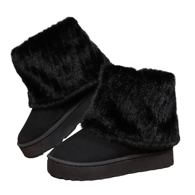 Faithgee Womens Snow Boots Fluffy Faux Lined Short Winter Platform Shoes for Warmth Roll Down Fold Over Stylish