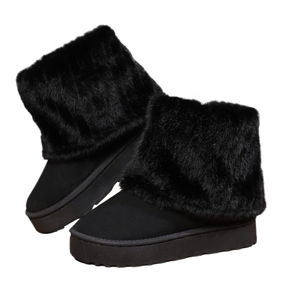 Faithgee Womens Snow Boots Fluffy Faux Lined Short Winter Platform Shoes for Warmth Roll Down Fold Over Stylish