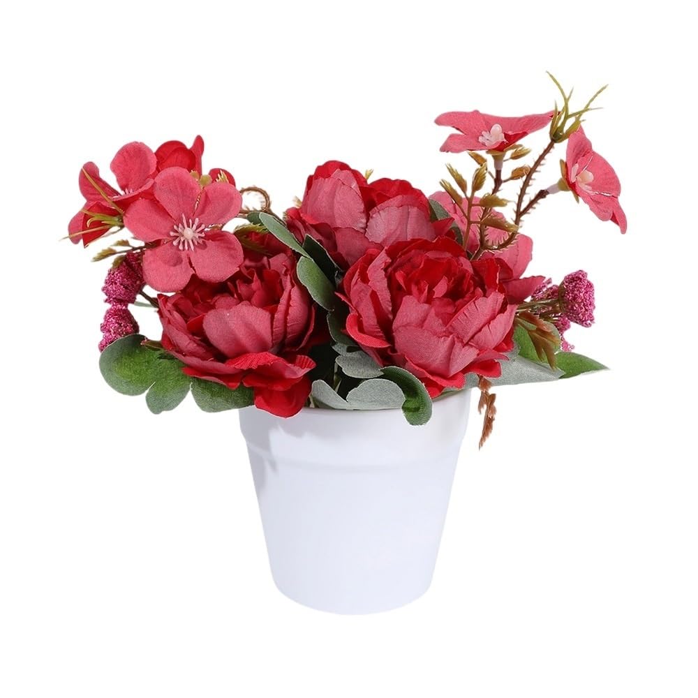 Huffa Winered Simulated Peony Flower Arrangement - Realistic Plastic Potted Decor For Home And Dining Table, Indoor & Outdoor Use(Winered)