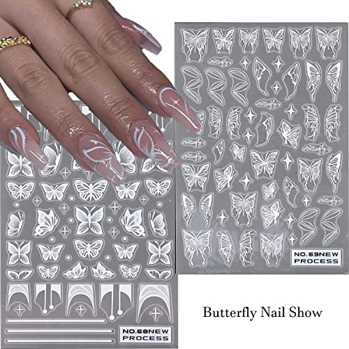 3 Sheets White Butterfly Nail Stickers 3D Self-Adhesive Spring Nail Decals Transparent French Ballet Design Nail Art Stickers Summer Diy Nail Supplies For Women #TOP1