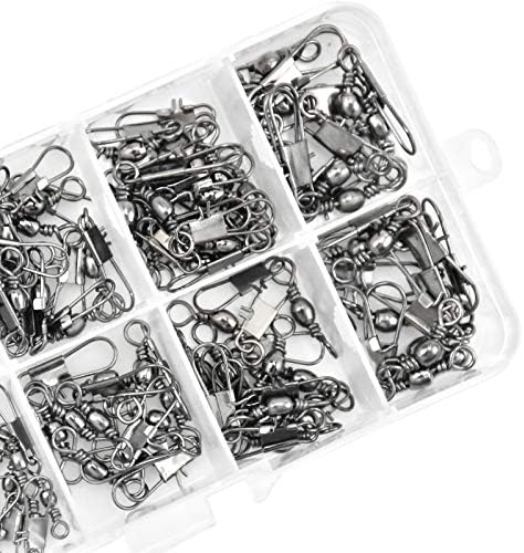 Yasmous 100 Pcs Fishing Swivel Snaps Kit Fishing Barrel Swivel Safety Snaps Quick Change Interlock Ball Bearing Fishing Hook to Line Connectors Anti-tangle Saltwater Freshwater Size 7# 8# 10# 12# 14#