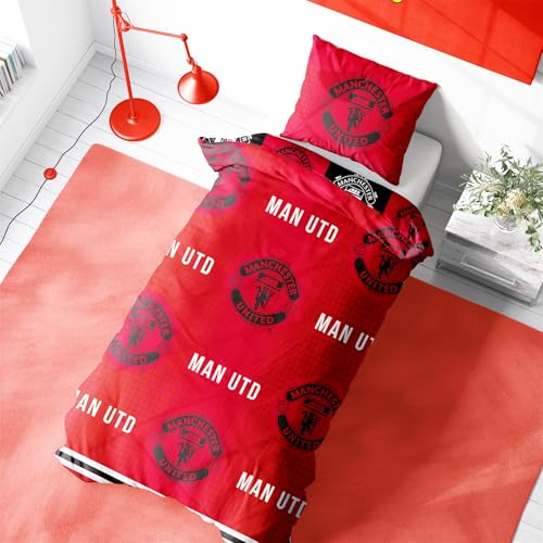 Character World Manchester United Single Duvet Cover Set Honour Design | Red Reversible 2 Sided Football Bedding Cover Official Merchandise Including Matching Pillow Cases
