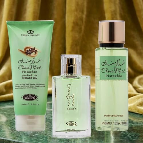 Image of Al-Rehab Choco Musk Pistachio 3-Piece Gift Set - Eau de Parfum 50ml + Shower Gel 200ml + Body Mist 250ml - Pistachio & Vanilla Unisex Collection