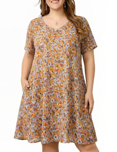 Image of OVERWORETY Womens Short Sleeve Plus Size T-Shirt Dress V Neck Casual Loose Swing A-Line Summer Tunic Dresses with Pockets