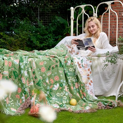 Image of LUTBM Boho Throw Blanket for Bed 60 inchx80 inch, 100% Cotton Green Couch Blankets