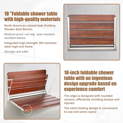 18\" Teak Folding Shower Seat Wall Mounted,Fold Down Shower Bench for Small Shower Space, Home Care Teak Wood Stool for Inside Shower