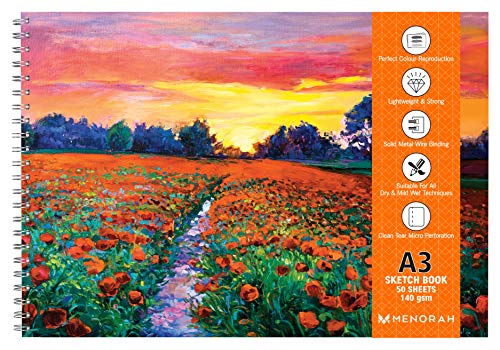 Image of MENORAH - A3 Drawing Book - Sketch Pad | 140 GSM | (100 Pages /50 Sheets)| Metal Wire-O Bound Drawing Notebook | (29.7 X 42.0 Cm)- Blossom Valley Design