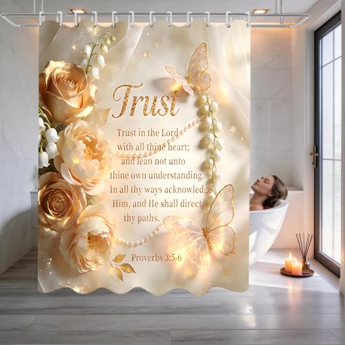 4 Piece Inspirational Quotes Shower Curtain Set with Rugs, Elegant Champagne Gold Floral Butterfly Bathroom Decor, Waterproof Fabric Bath Curtain with Non-Slip Bath Mat, U-Shape Rug & Toilet Lid Cover