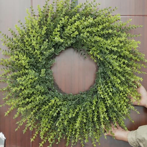 HUZIYAHAN 28In Large Boxwoods Door Wreaths for Front Door Spring Summer Outside All Season Green Year Round Artificial Greenery Wreath for Wall Window Rustic Farmhouse Home Outdoor Indoor Decorations