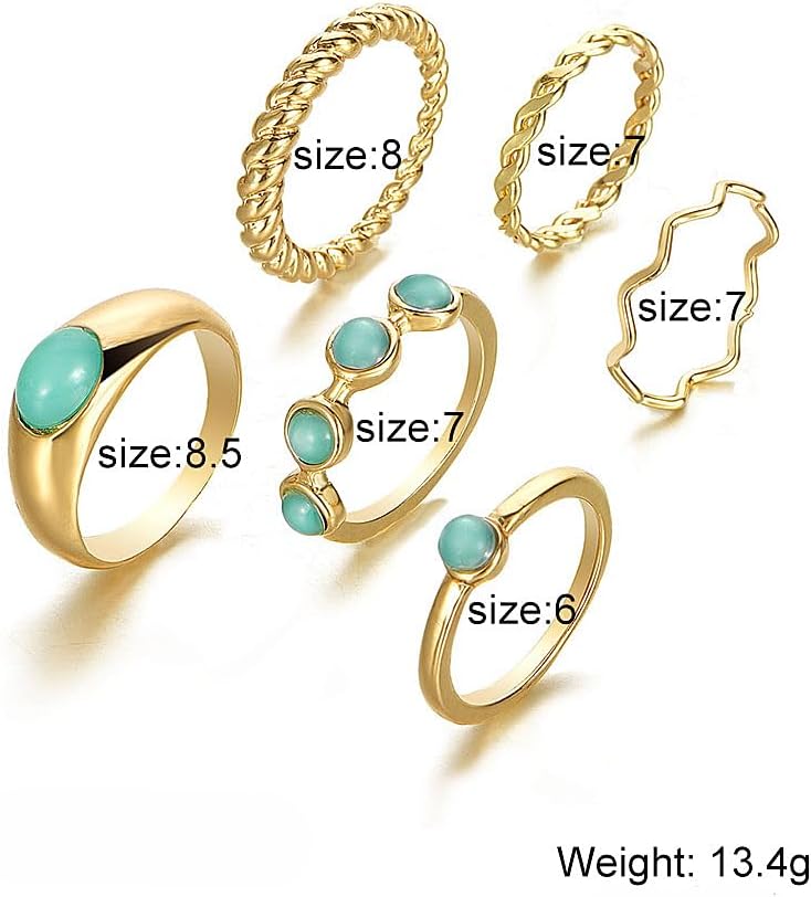 Gold Turquoise Rings for Women,Vintage Bohemian Statement Ring Set Trendy Green Stone Stackable Western Rings,Boho Everyday Jewelry Accessories Gifts - Image 3